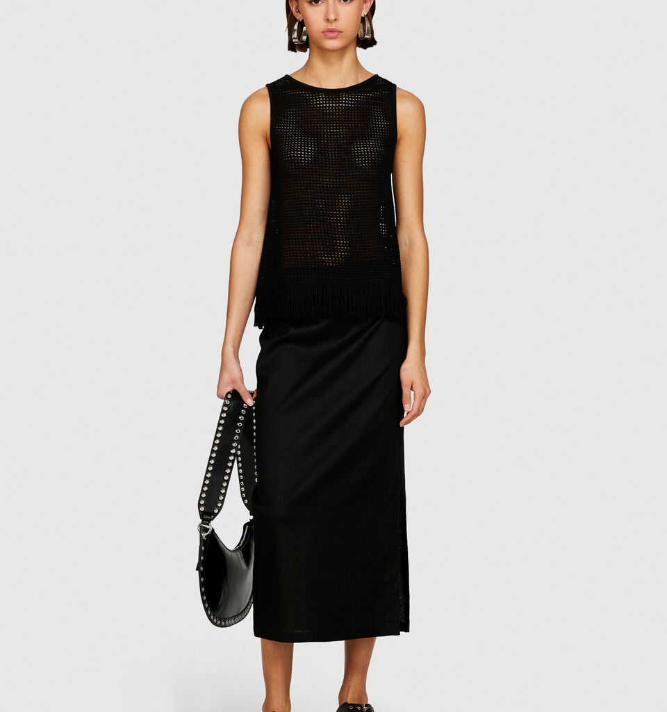 Perforated tank top with fringe - women's tops - Black | Sisley image number 1
